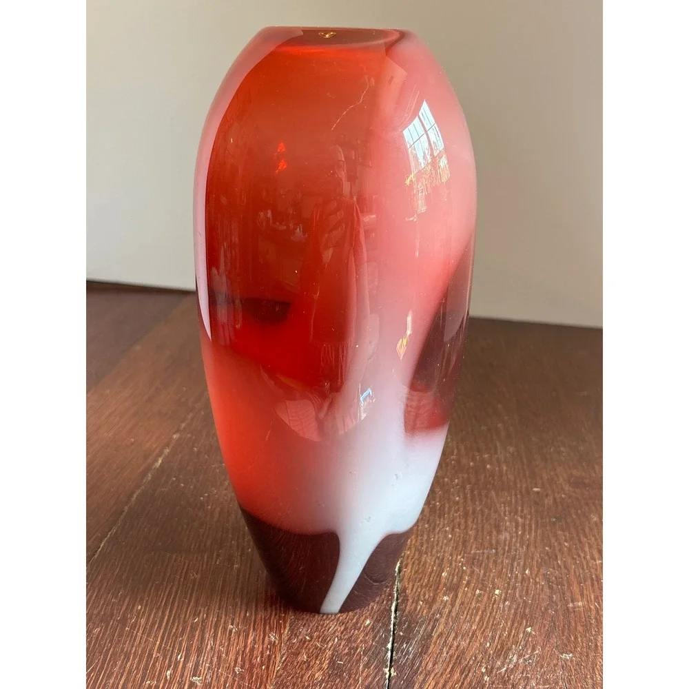 Red and White Swirl Art Glass Vase 10 Inch Mid Century Modern Cased Glass Decor